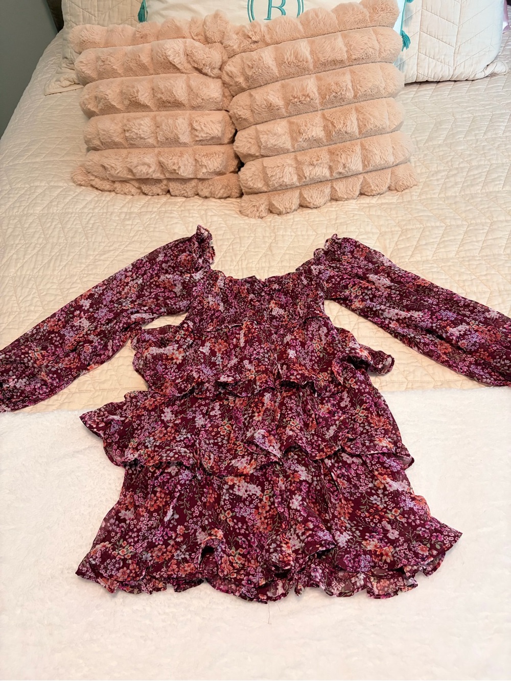 Floral Ruffle Long-Sleeve Mini Dress in Purple
